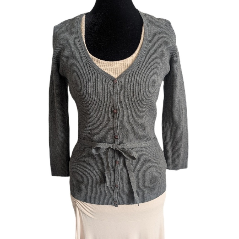 Express Vintage Y2K Academia Balletcore Ribbed Tie Waist Heavy Knit Cardigan